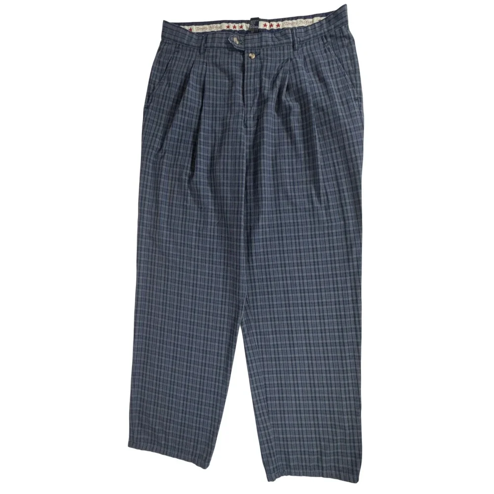 Tommy Hilfiger Plaid Pleated Trousers 38 (fits 36x32) Blue Gray Vintage Baggy‎
